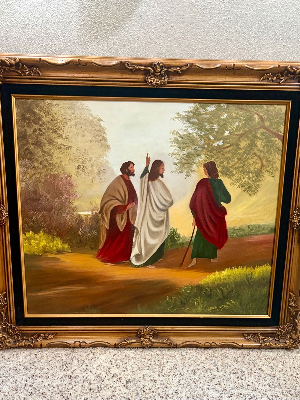 Religious Landscape Oil Painting in White, Red & Green Robes